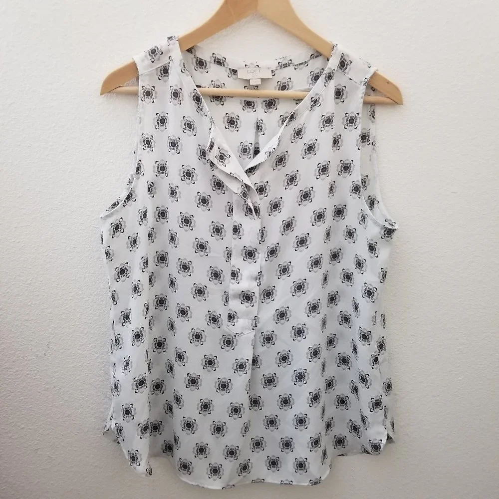 LOFT Outlet Ann Taylor White Floral Print Sleeveless Blouse Size Large - Picture 3 of 6